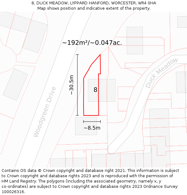 8, DUCK MEADOW, LYPPARD HANFORD, WORCESTER, WR4 0HA: Plot and title map