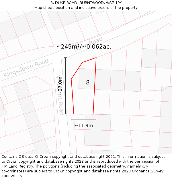 8, DUKE ROAD, BURNTWOOD, WS7 1PY: Plot and title map