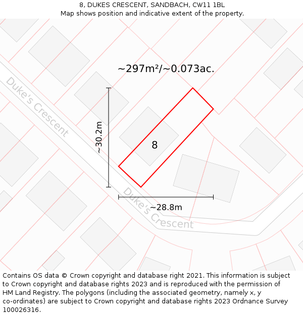 8, DUKES CRESCENT, SANDBACH, CW11 1BL: Plot and title map