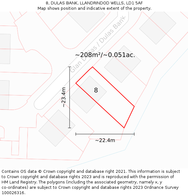 8, DULAS BANK, LLANDRINDOD WELLS, LD1 5AF: Plot and title map