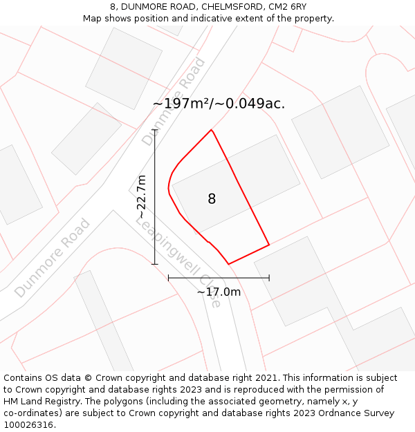 8, DUNMORE ROAD, CHELMSFORD, CM2 6RY: Plot and title map