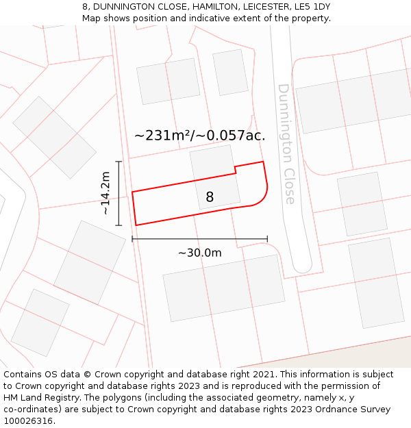 8, DUNNINGTON CLOSE, HAMILTON, LEICESTER, LE5 1DY: Plot and title map
