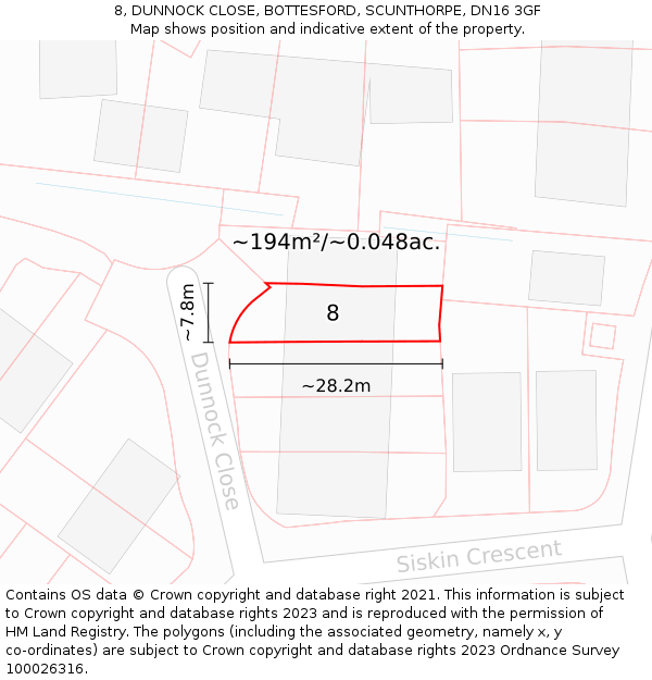 8, DUNNOCK CLOSE, BOTTESFORD, SCUNTHORPE, DN16 3GF: Plot and title map