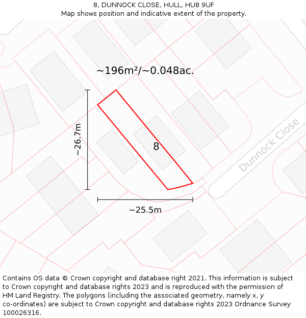 8, DUNNOCK CLOSE, HULL, HU8 9UF: Plot and title map