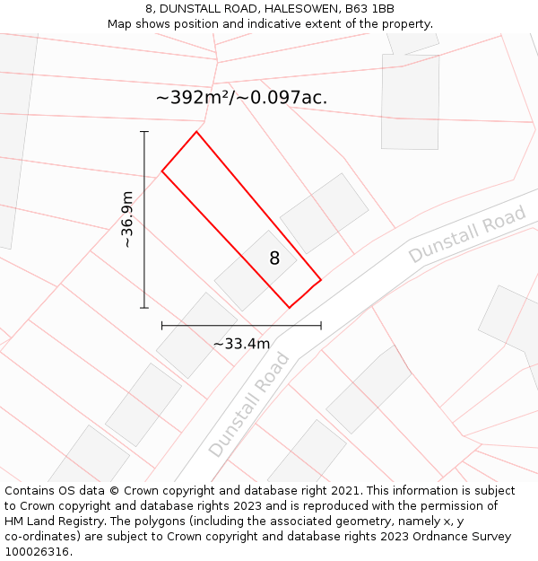 8, DUNSTALL ROAD, HALESOWEN, B63 1BB: Plot and title map