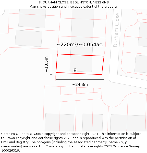 8, DURHAM CLOSE, BEDLINGTON, NE22 6NB: Plot and title map