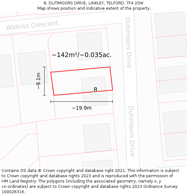 8, DUTIMOORS DRIVE, LAWLEY, TELFORD, TF4 2SW: Plot and title map