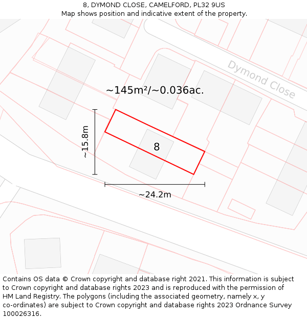 8, DYMOND CLOSE, CAMELFORD, PL32 9US: Plot and title map