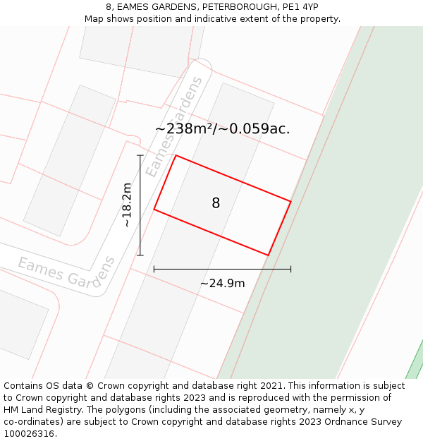 8, EAMES GARDENS, PETERBOROUGH, PE1 4YP: Plot and title map