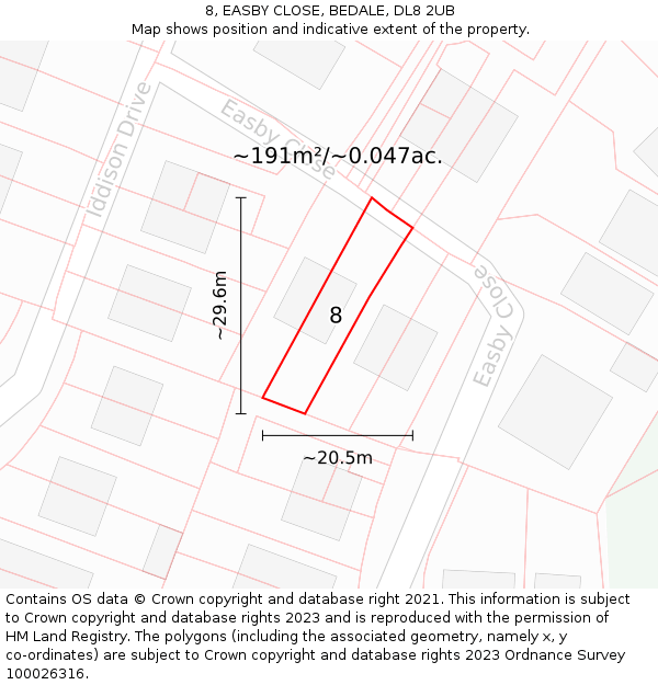 8, EASBY CLOSE, BEDALE, DL8 2UB: Plot and title map