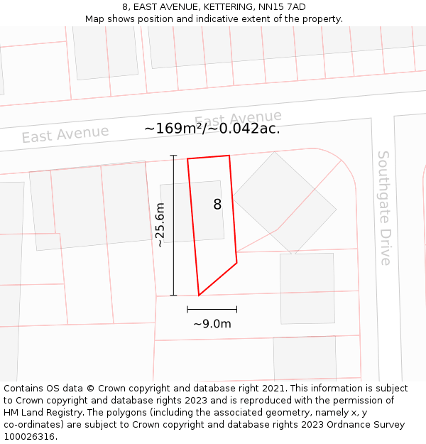 8, EAST AVENUE, KETTERING, NN15 7AD: Plot and title map