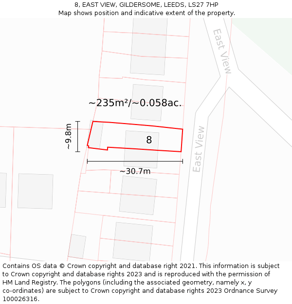 8, EAST VIEW, GILDERSOME, LEEDS, LS27 7HP: Plot and title map