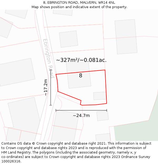 8, EBRINGTON ROAD, MALVERN, WR14 4NL: Plot and title map