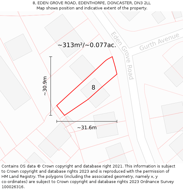 8, EDEN GROVE ROAD, EDENTHORPE, DONCASTER, DN3 2LL: Plot and title map