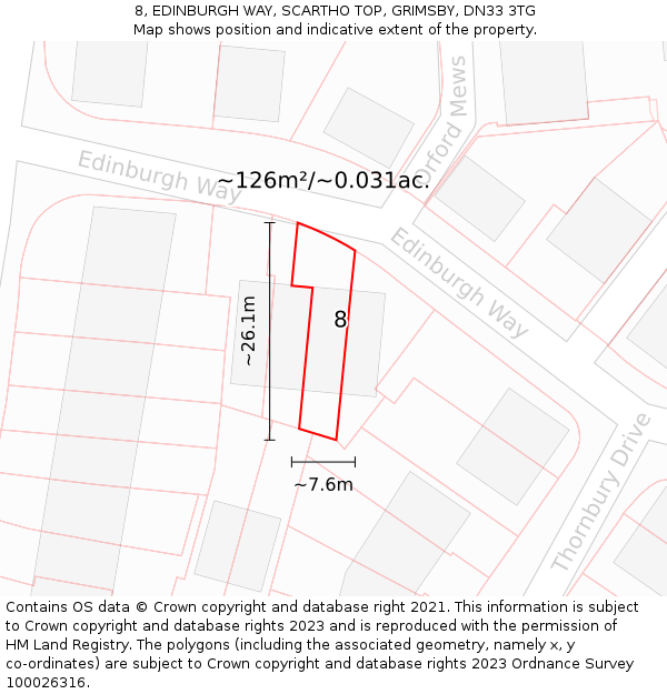 8, EDINBURGH WAY, SCARTHO TOP, GRIMSBY, DN33 3TG: Plot and title map
