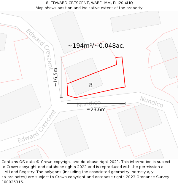 8, EDWARD CRESCENT, WAREHAM, BH20 4HQ: Plot and title map