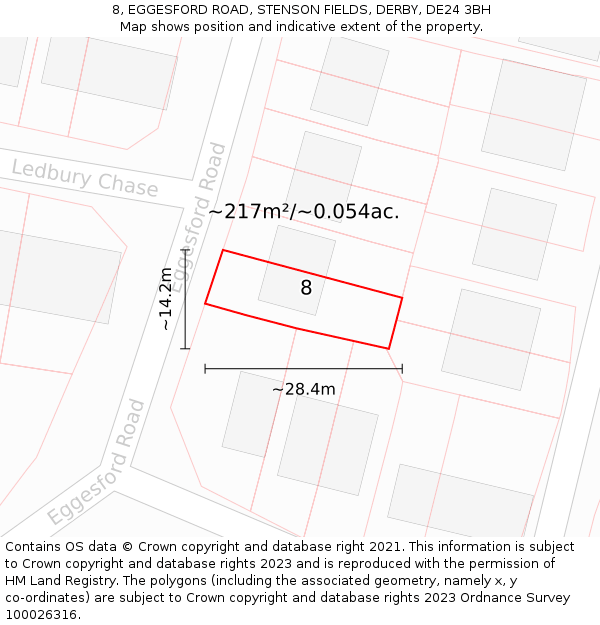 8, EGGESFORD ROAD, STENSON FIELDS, DERBY, DE24 3BH: Plot and title map