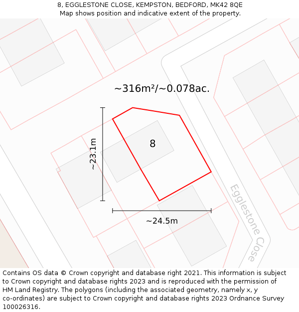 8, EGGLESTONE CLOSE, KEMPSTON, BEDFORD, MK42 8QE: Plot and title map