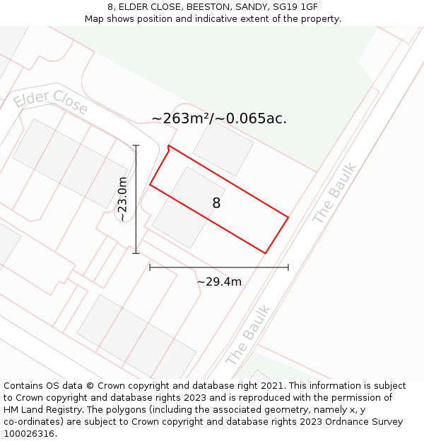 8, ELDER CLOSE, BEESTON, SANDY, SG19 1GF: Plot and title map