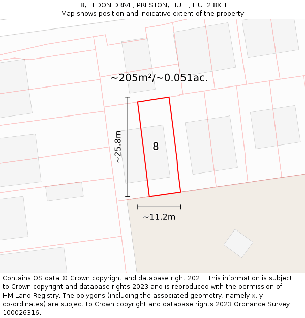 8, ELDON DRIVE, PRESTON, HULL, HU12 8XH: Plot and title map