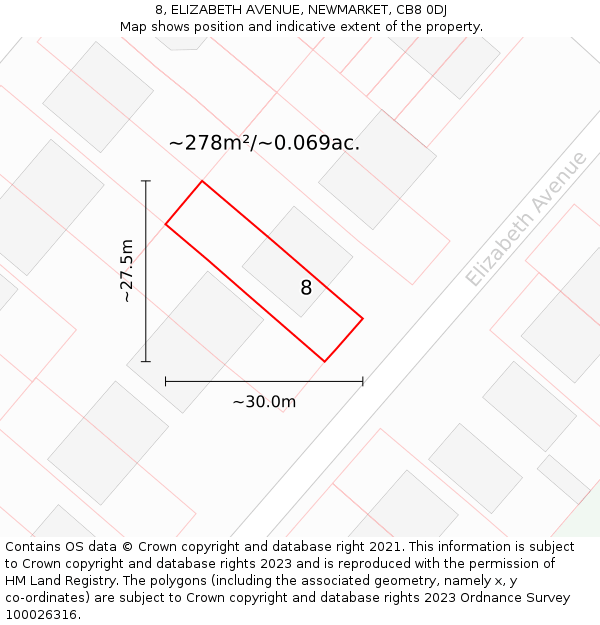 8, ELIZABETH AVENUE, NEWMARKET, CB8 0DJ: Plot and title map