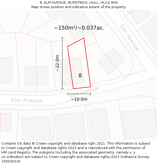 8, ELM AVENUE, BURSTWICK, HULL, HU12 9HX: Plot and title map