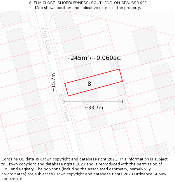 8, ELM CLOSE, SHOEBURYNESS, SOUTHEND-ON-SEA, SS3 9PF: Plot and title map
