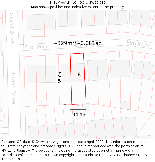 8, ELM WALK, LONDON, SW20 9ED: Plot and title map