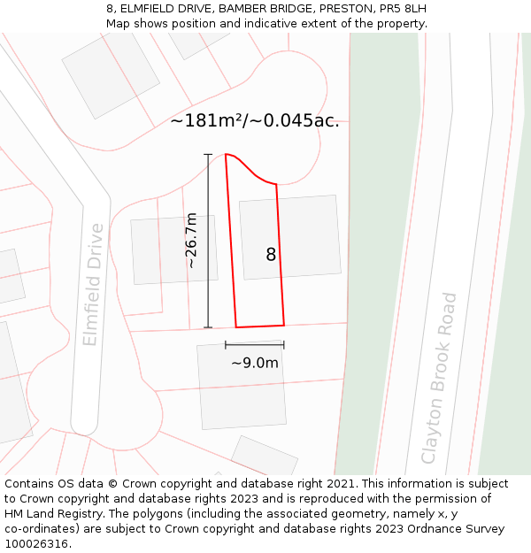 8, ELMFIELD DRIVE, BAMBER BRIDGE, PRESTON, PR5 8LH: Plot and title map