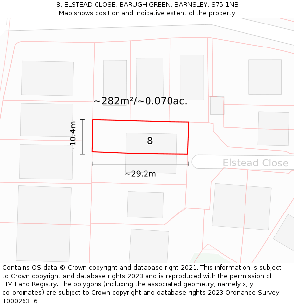 8, ELSTEAD CLOSE, BARUGH GREEN, BARNSLEY, S75 1NB: Plot and title map