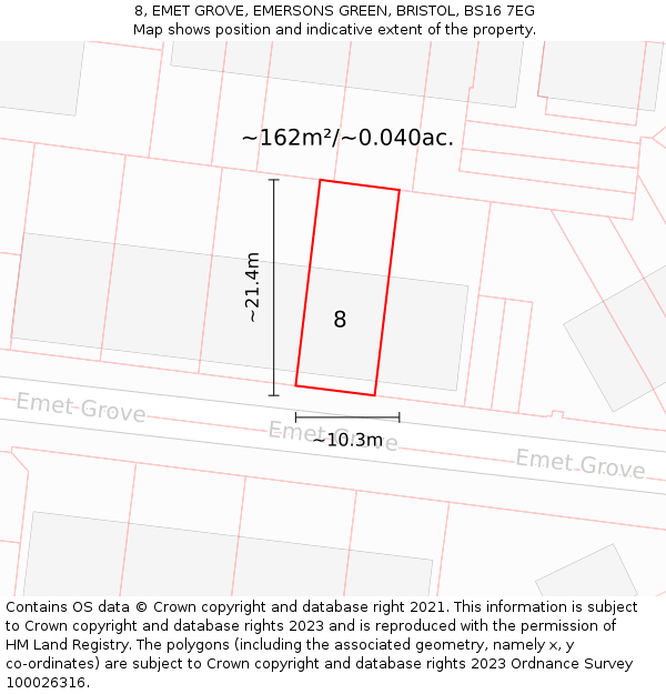8, EMET GROVE, EMERSONS GREEN, BRISTOL, BS16 7EG: Plot and title map