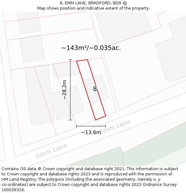 8, EMM LANE, BRADFORD, BD9 4JJ: Plot and title map