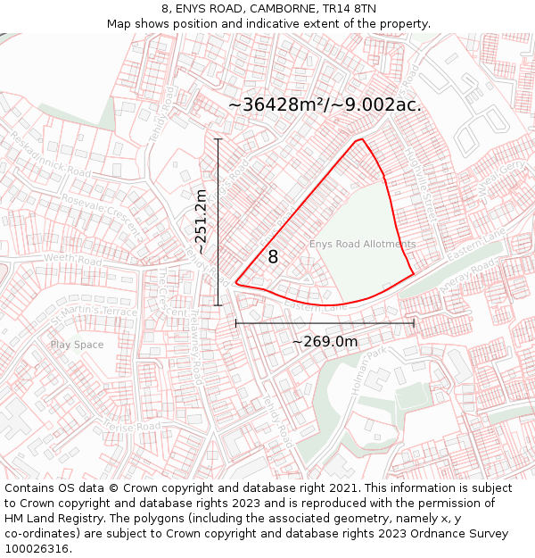 8, ENYS ROAD, CAMBORNE, TR14 8TN: Plot and title map