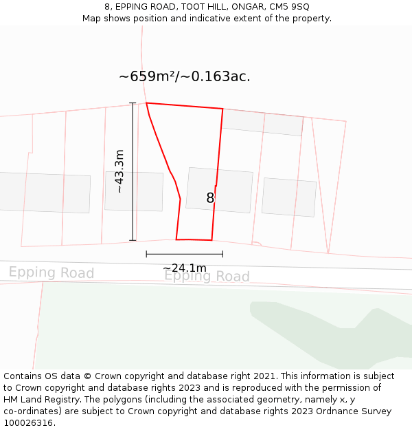8, EPPING ROAD, TOOT HILL, ONGAR, CM5 9SQ: Plot and title map
