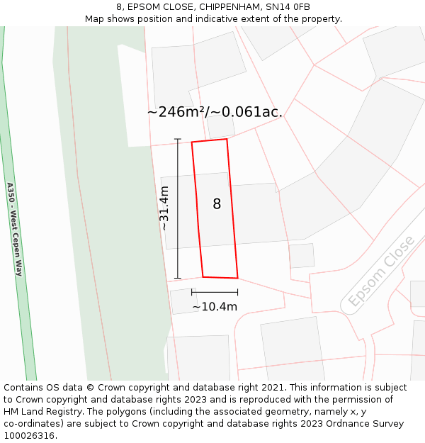 8, EPSOM CLOSE, CHIPPENHAM, SN14 0FB: Plot and title map