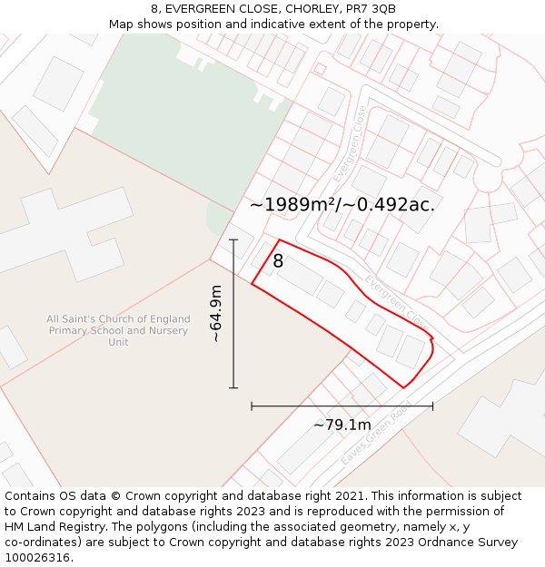 8, EVERGREEN CLOSE, CHORLEY, PR7 3QB: Plot and title map