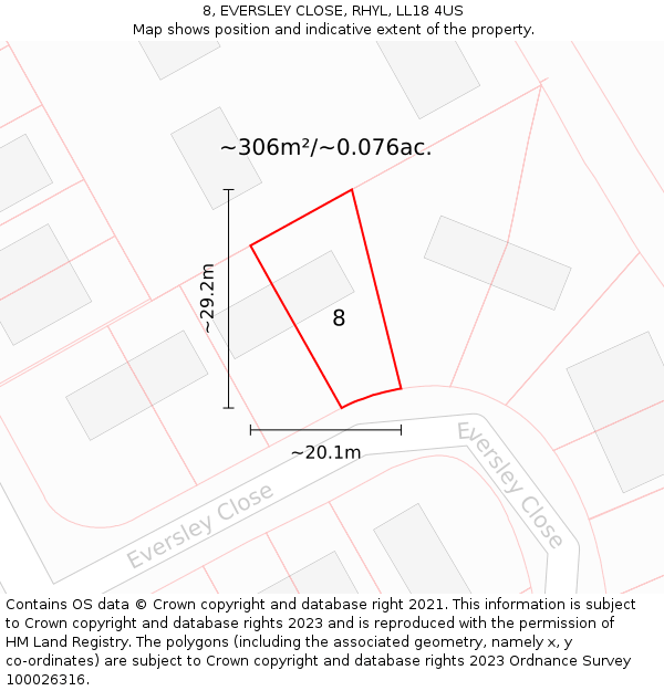 8, EVERSLEY CLOSE, RHYL, LL18 4US: Plot and title map