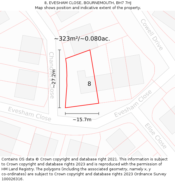 8, EVESHAM CLOSE, BOURNEMOUTH, BH7 7HJ: Plot and title map