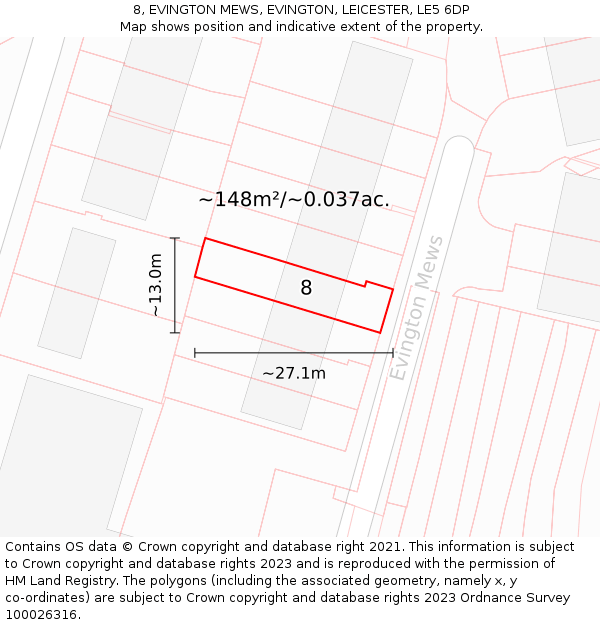 8, EVINGTON MEWS, EVINGTON, LEICESTER, LE5 6DP: Plot and title map