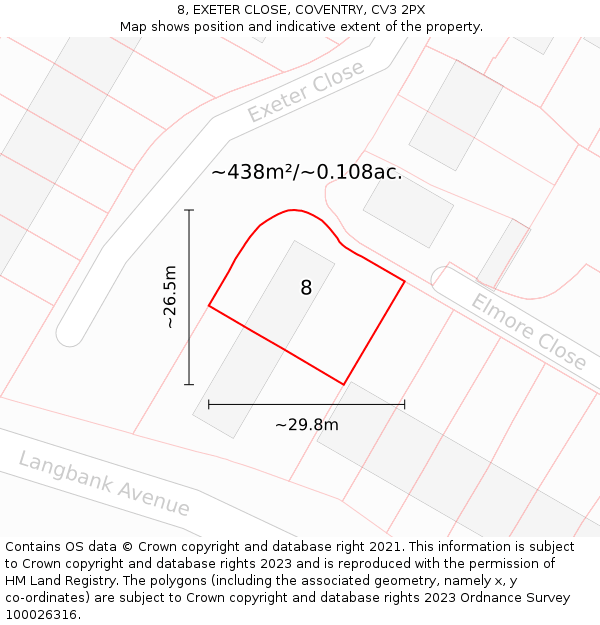 8, EXETER CLOSE, COVENTRY, CV3 2PX: Plot and title map