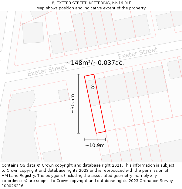 8, EXETER STREET, KETTERING, NN16 9LF: Plot and title map