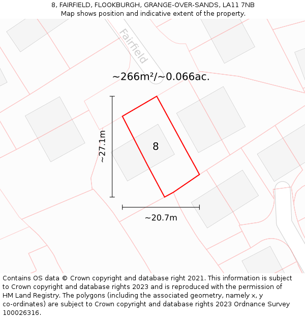 8, FAIRFIELD, FLOOKBURGH, GRANGE-OVER-SANDS, LA11 7NB: Plot and title map