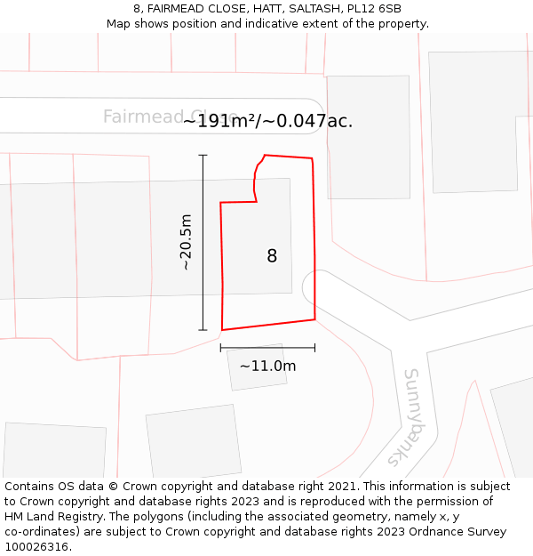 8, FAIRMEAD CLOSE, HATT, SALTASH, PL12 6SB: Plot and title map