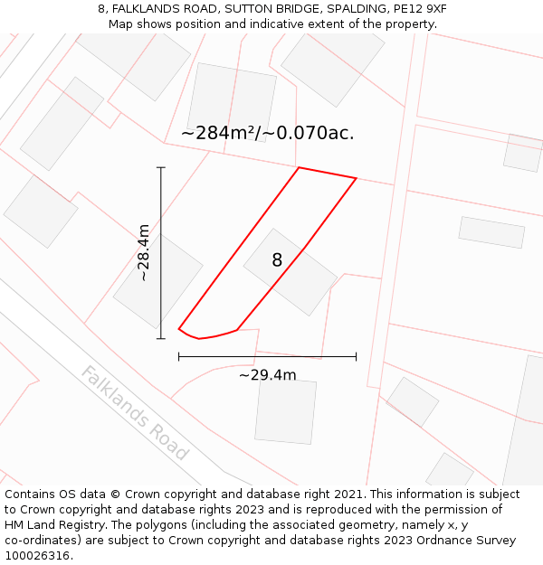 8, FALKLANDS ROAD, SUTTON BRIDGE, SPALDING, PE12 9XF: Plot and title map