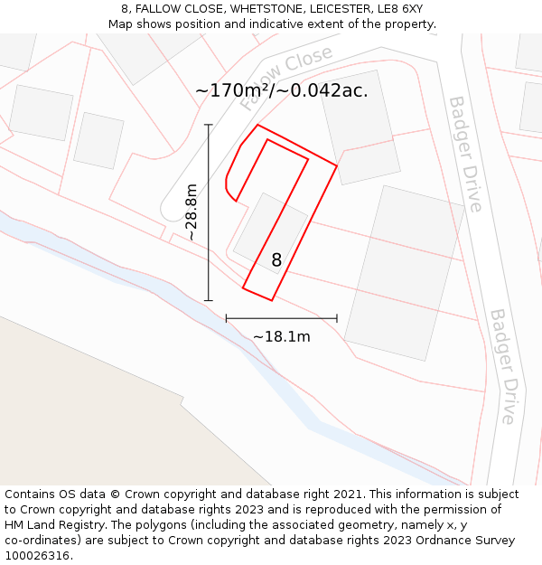 8, FALLOW CLOSE, WHETSTONE, LEICESTER, LE8 6XY: Plot and title map