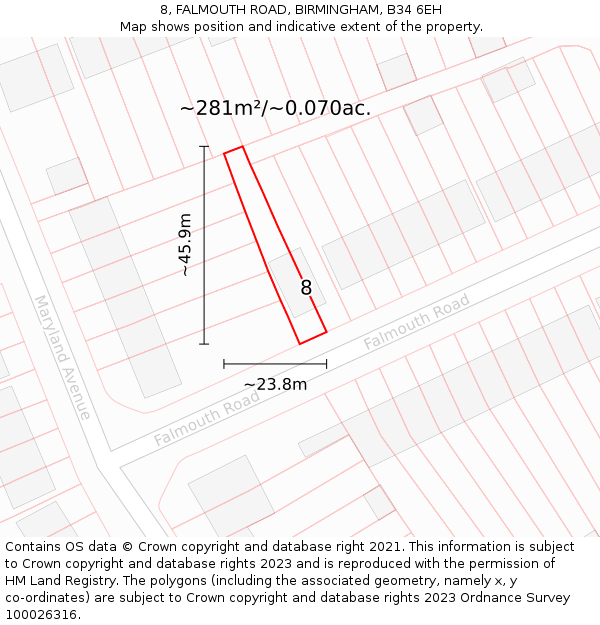 8, FALMOUTH ROAD, BIRMINGHAM, B34 6EH: Plot and title map