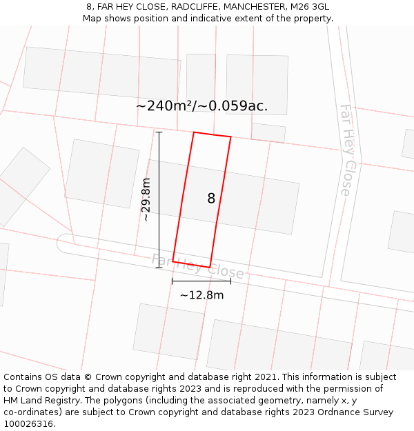 8, FAR HEY CLOSE, RADCLIFFE, MANCHESTER, M26 3GL: Plot and title map