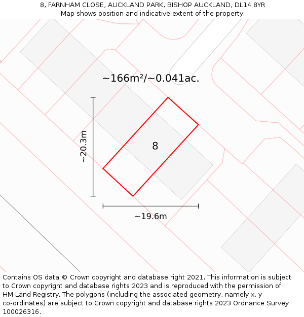 8, FARNHAM CLOSE, AUCKLAND PARK, BISHOP AUCKLAND, DL14 8YR: Plot and title map