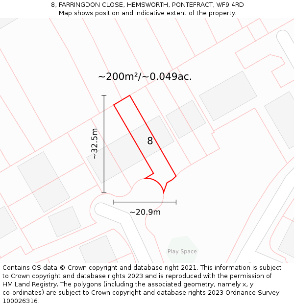 8, FARRINGDON CLOSE, HEMSWORTH, PONTEFRACT, WF9 4RD: Plot and title map