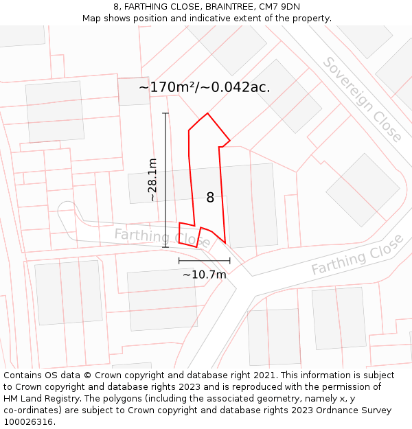 8, FARTHING CLOSE, BRAINTREE, CM7 9DN: Plot and title map